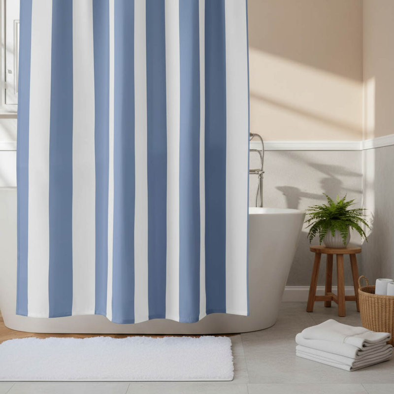 Waterproof Striped Polyester Shower Curtain For Modern Bathrooms, Blue/White