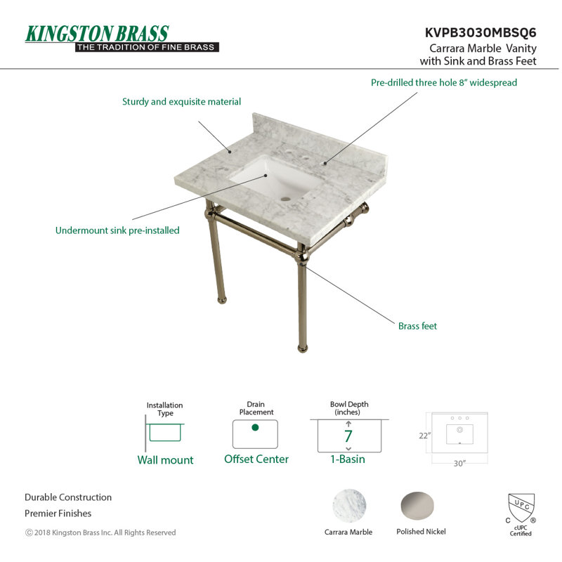 Kingston Brass Templeton 30-Inch Carrara Marble Vanity Top with Brass Legs (8-Inch, 3-Hole), Polished Nickel