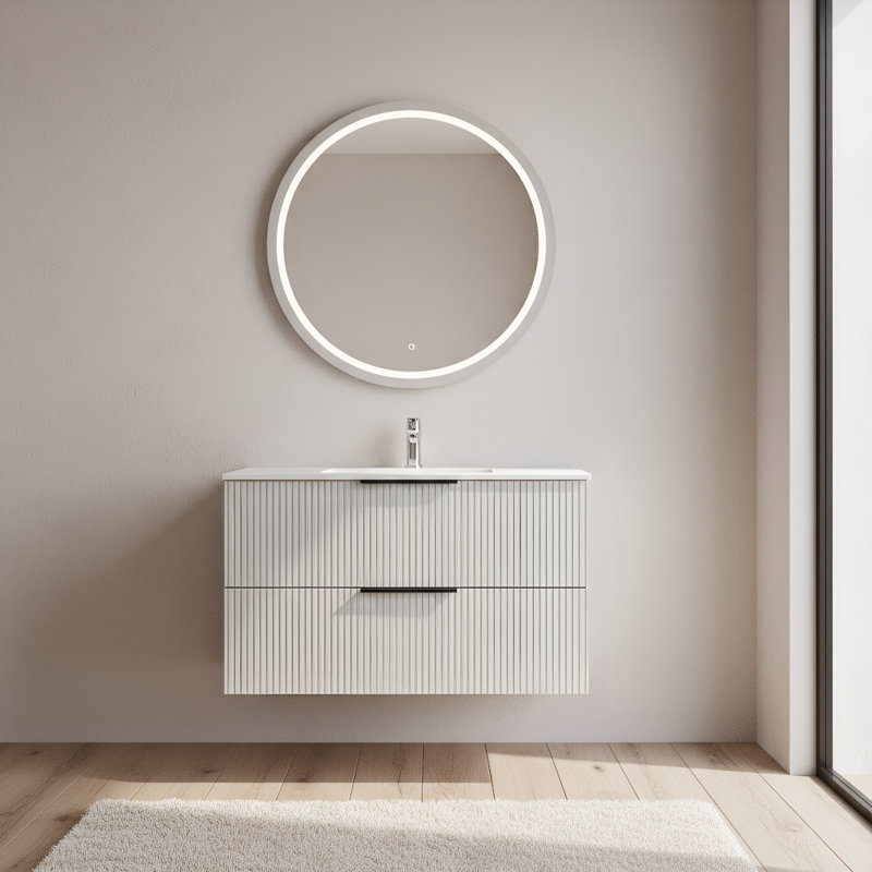 Meuble-lavabo flottant avec lavabo et tiroirs en céramique, Gris antique, 36"