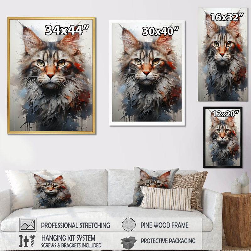 Maine Coon Majesty Cat I - chat, art mural sur toile, Cadre simple blanc, H 32 po x l 24 po x P 1 po