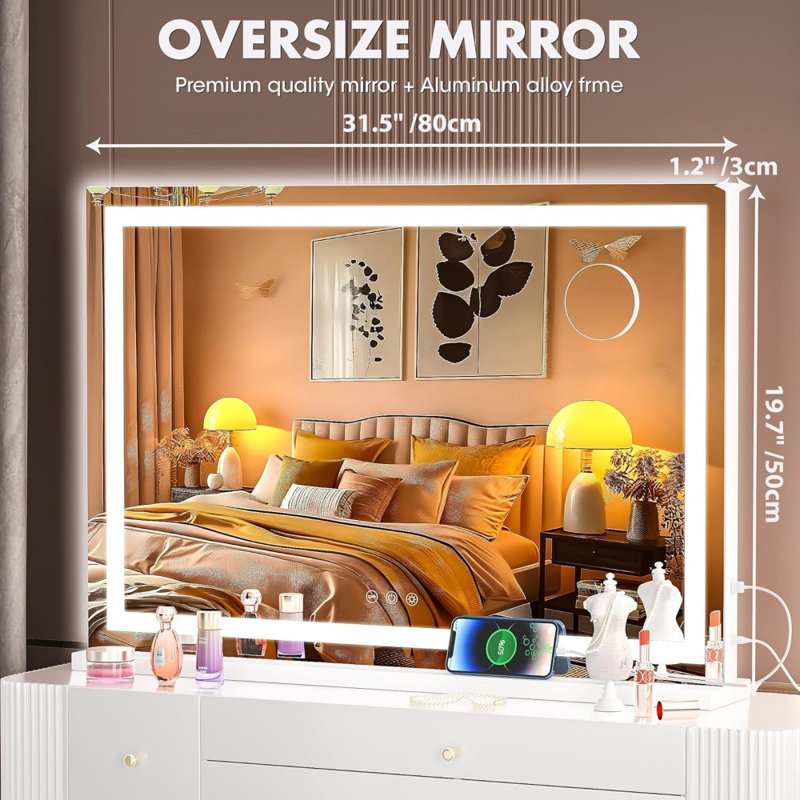 Miroir de salle de bain 32 po x 20 po à DEL avec 3 modes de couleurs à intensité variable, commande à écran tactile, fixation murale ou de table, finition blanche