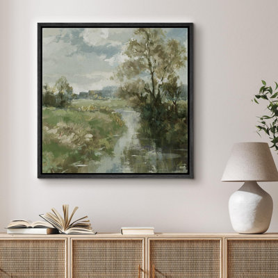 Serene Pastoral River Nature Landscape Countryside Farmhouse Décor Wall Art Framed Print on Canvas