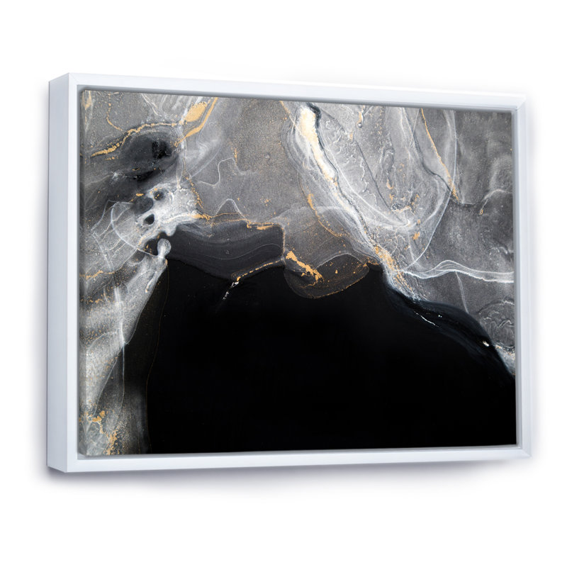 " Gloden Black And Grey Marble Art Ripples II ", 16" H x 32" W x 1" D, White Floater Framed Canvas