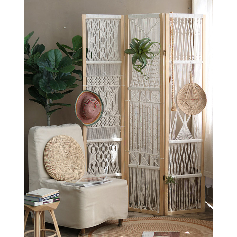 Modern Minimalist Solid Wood Bedroom Screen Hand-Woven with Cotton Thread