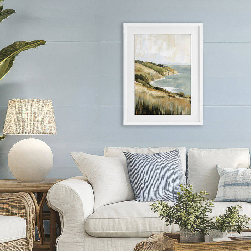 «Serene Cliff Coast Landscape», reproduction d'art sous verre encadrée par Petal Prints Design, 23 x 17
