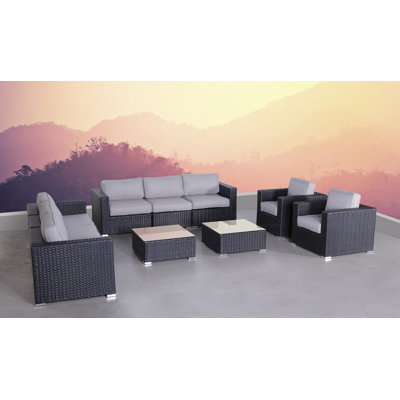 Ensemble de conversation en osier pour 8 personnes avec coussins Demarest