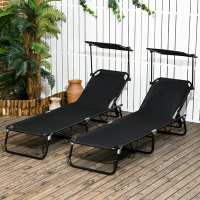 Foldable Beach Lounge Chairs With Reclining And Sunshade, Steel Frame, Side Pocket, For Outdoor Relaxation In Yard, Patio, Poolside Black Pool Canopy, Option - Frame Enjoyment