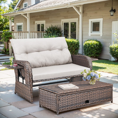 Aluel 61" Long Outdoor Wicker Double Chaise Lounge with Ottoman by Winston Porter