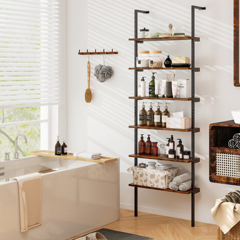 72''H X 23.5''W 6 Tier Ladder Bookcase, Brown/Black
