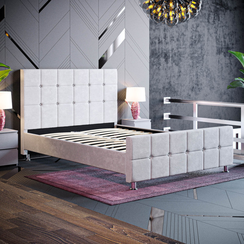 Raul Upholstered Bed Frame, UKFR Certified, Light Grey Velvet, Kingsize (5')	