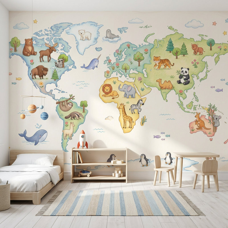 Papier peint carte du monde avec papier peint texturé pour enfants, Texturé non collé, 160 po x 108 po