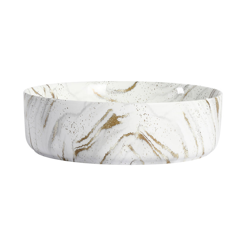 Round Above Counter Ceramic Art Sink For Bathroom, High - Quality Glaze, Well Crafted, 15.7 Inches Wide, 18.9 Lb Bathroom Counter, Featuring White And Gold Design, Three Layers Of Easy To Maintain,
