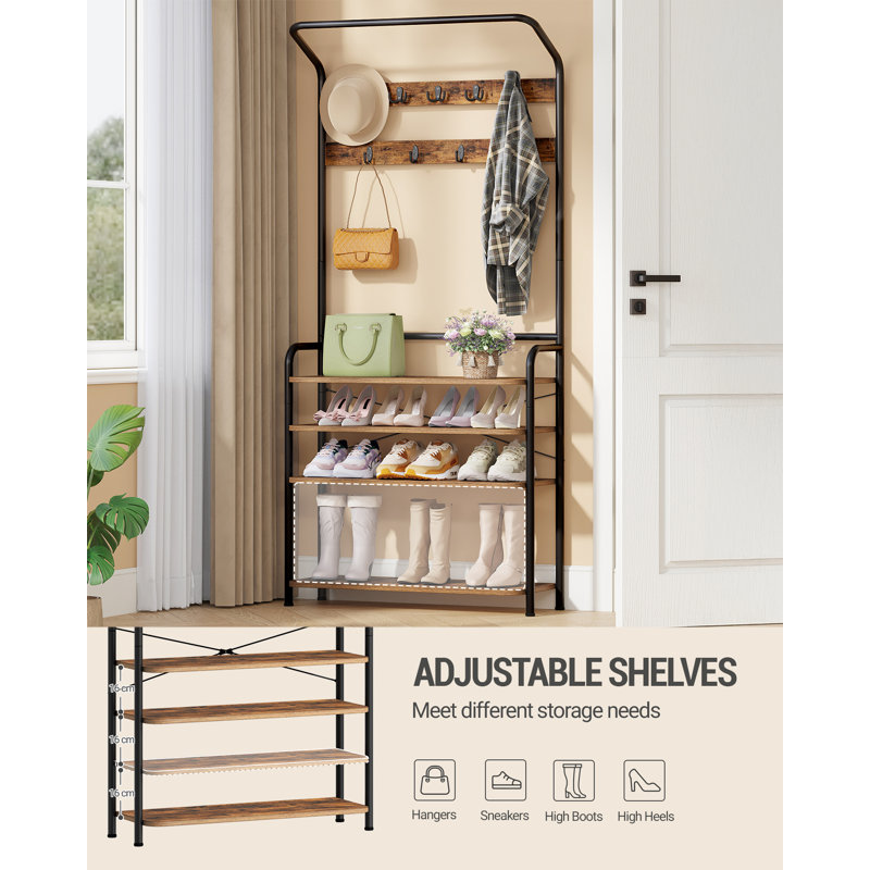 Coat Stand, Coat Rack with Shoe Storage and Adjustable Shelves, FreeStanding Metal Coat Hall Tree with 9 Hooks, 5 Shelves for Hallway, Living Room, Bedroom, Office