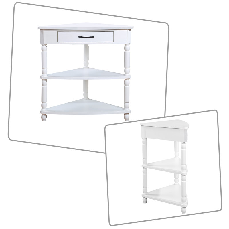 Retro style space saving triangular corner table with drawers and three tiered shelves suitable for corner bedrooms, living rooms, kitchens