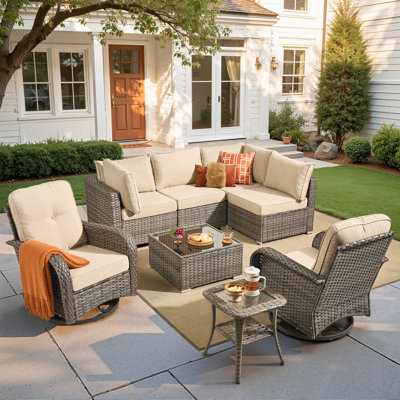 Ensemble modulaire de patio en osier pour l'extérieur 6 personnes avec coussins et chaises berçantes pivotantes toutes saisons