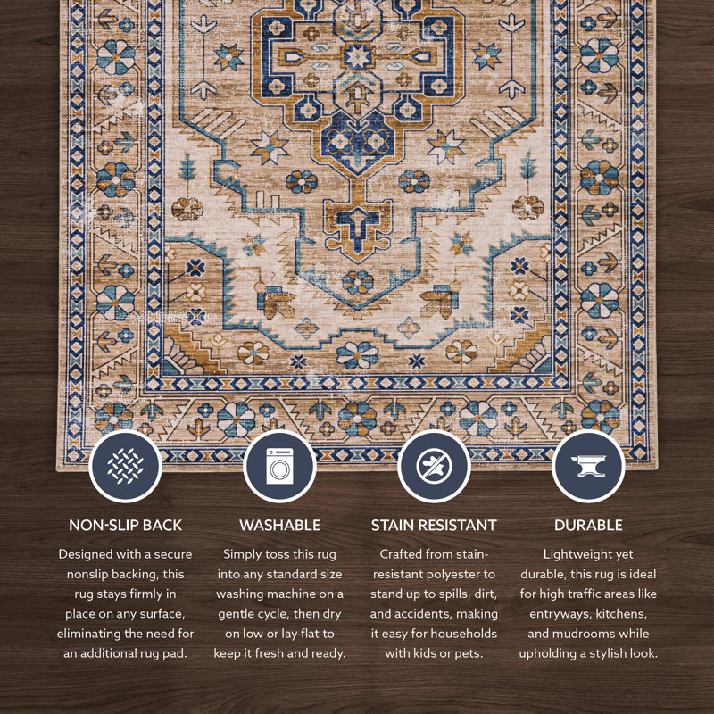 Aspers Machine Washable Ivory and Gold Area Rug, Rectangle 3' x 5'