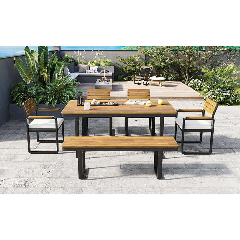 Ensemble de salle à manger 6 pièces en bois d'acacia, 1 table avec 4 chaises et 1 banc, Blanc