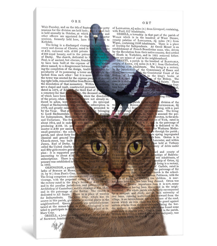 «Cat with Pigeon on Head I», impression sur toile, H 12 po x l 8 po x P 0,75 po, Toile tendue, Pas de tapis