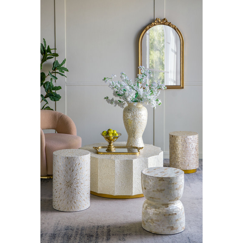 Cylindrical Accent Stool with Capiz Shell Inlay and Decorative Pedestal Base