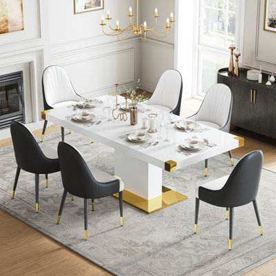 78.74" Rectangle Dining Table Set, Modern Minimalist Style, Single Pedestal Gold Stainless Steel Base, With Faux Leather Upholstered Chairs