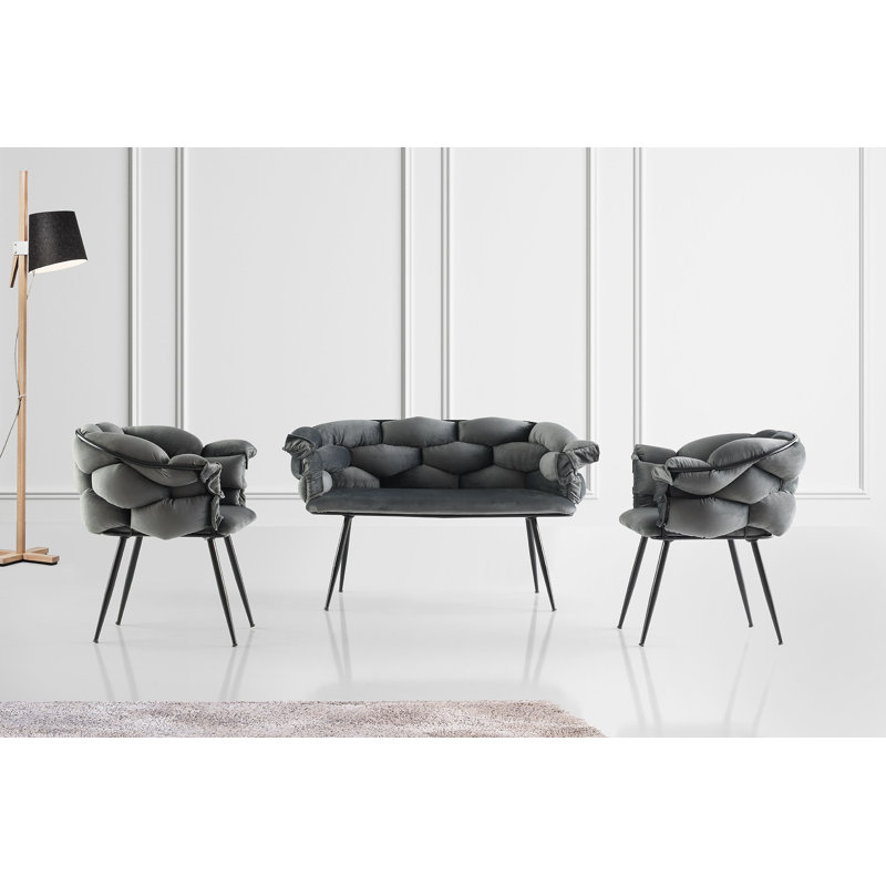 Ensemble de canapé moderne en velours (3 pièces), gris foncé et noir | Structure 100% métal, canapé 2 places: 53,1 x 31,1 x 25,6 pouces, canapés 1 place: 29,5 x 31,1 x 25,6 pouces | Durable et élégant, parfait pour le salon, capacité de charge élevée