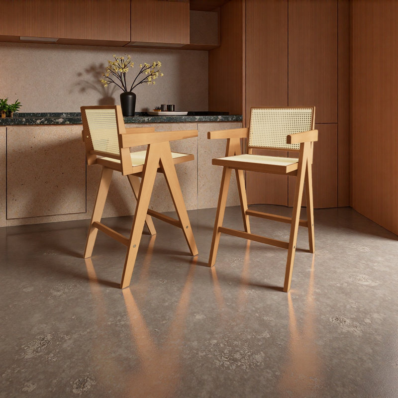 Tabouret de bar minimaliste moderne de 27 po avec siège en bois massif, structure en bois massif, Naturel