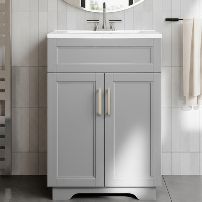 Meuble-lavabo à double porte Captain avec lavabo de 24 pouces, armoire à assemblage rapide, disponible en blanc et gris.