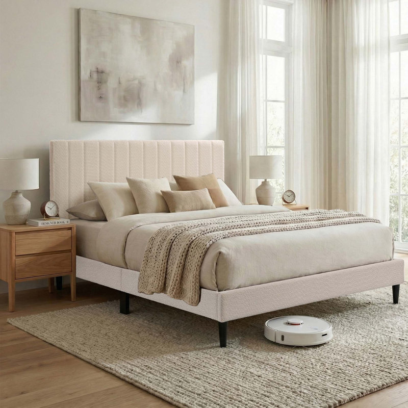 Tufted Upholstered Platform Bed, Cream White