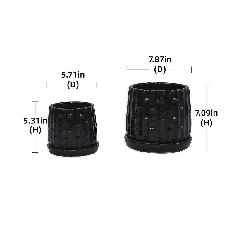 Set Of 2 Ceramic Flowerpot, 7" Modern Planter, Black