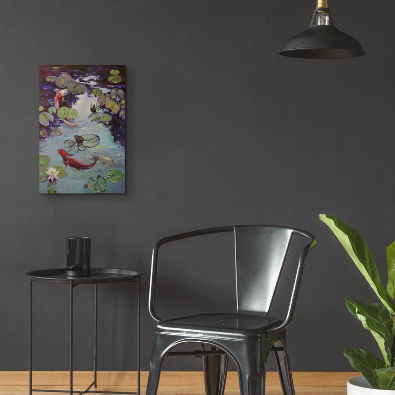 Art mural en verre épique «Red Koi and Lilies» par Chuck Larivey, 16 po x 24 po, H 24 po x l 16 po