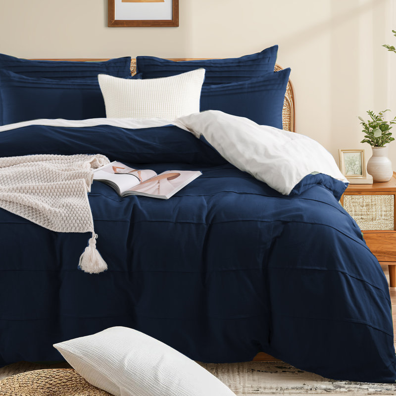 NEXHOME PRO 100% Organic Cotton Duvet Cover King Size, Linen Like Pleated Textured Navy Duvet Cover Set, 3pc Bedding Set with Zipper Closure, Soft, Lightweight and Breathable,104"x90", No Comforter