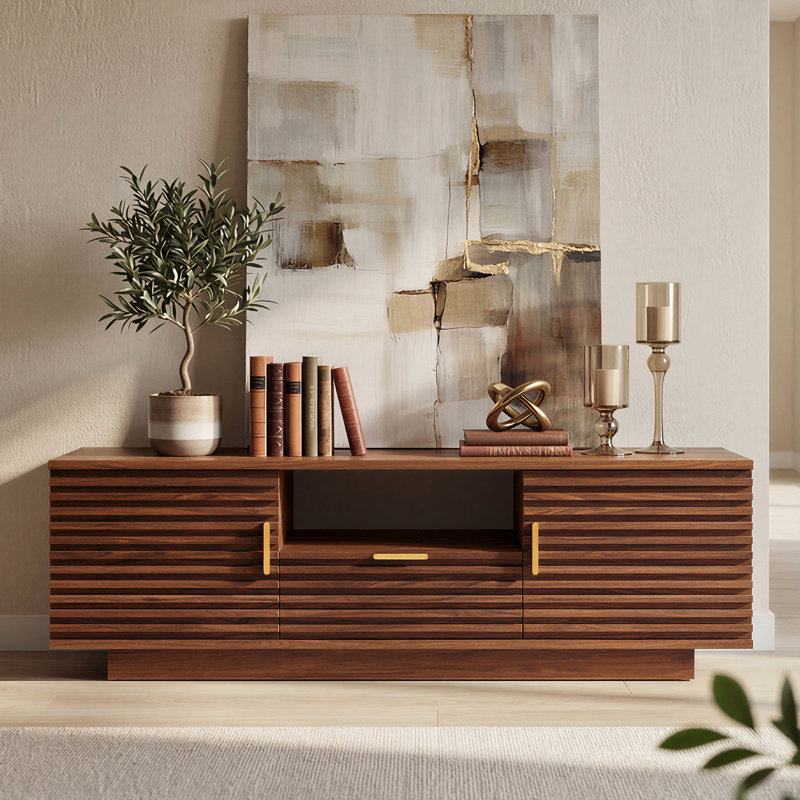Tv Stand For Tvs Up To 65 Inch, Mid Century Modern Entertainment Center With Storage, Tv Console With Cabinet And Adjustable Shelves For Living Room, Bedroom, Brown Cherry