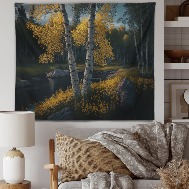 «Blossoming Birches On A Sunny Lake Day IV - Landscape Forest», tapisserie murale, H 50 po x l 60 po