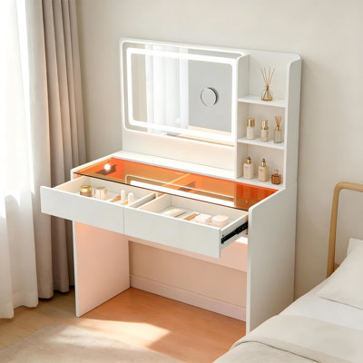 Vanity Desk With Mirror And Lights, Makeup Dressing Table With LED Color Lights, Transparent Tempered Glass Top, 3 Color Mirror Modes, 2 Drawers, Power Outlet And USB Port, Hairdryer Rack, White
