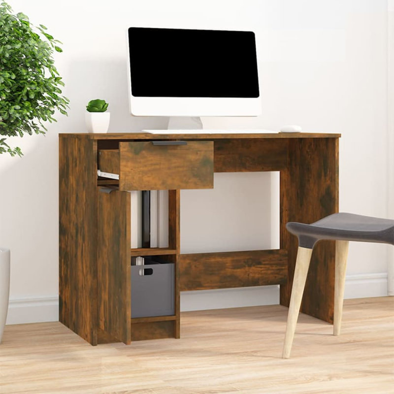 Schlenker 100cm Rectangular Computer Desk with Cabinet, Smoked Oak