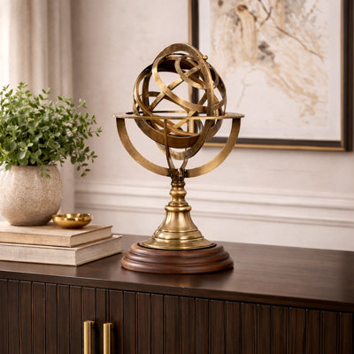 Sphère armillaire décorative en laiton avec base en bois pour présentation de bureau ou de tablette