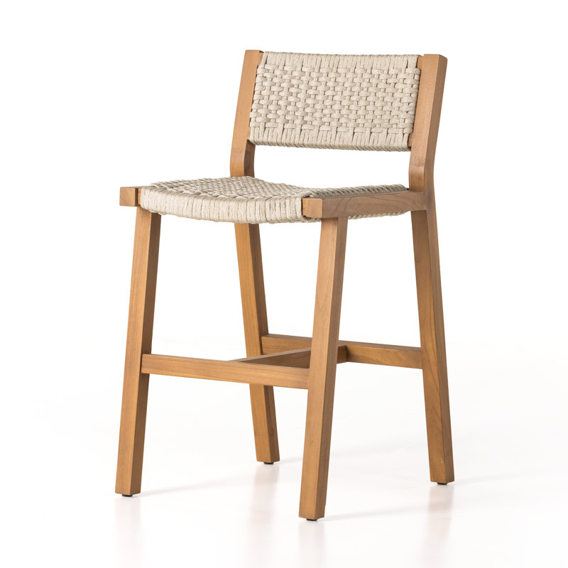 Delano Outdoor Teak Bar Stool, Counter Stool (26" Seat Height), Natural Teak, Ivory Rope