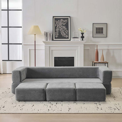 Canapé-lit modulaire convertible en chenille avec 3 repose-pieds
