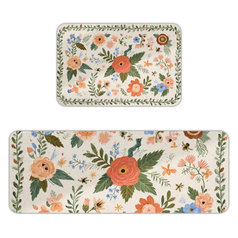 Watercolor Floral Wreath, Kitchen Mats Set Of 2
