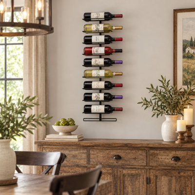 9 Bottle Wall Mounted Metal Wine Rack with Space-Saving Design, Black