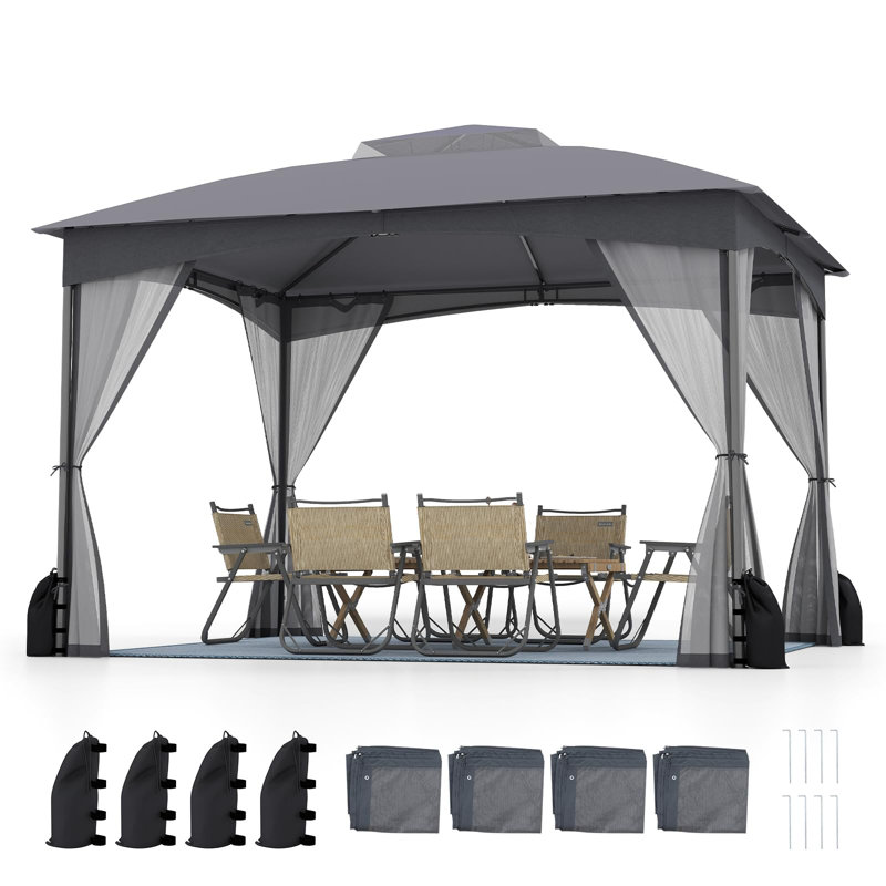 Double Roof Garden Gazebo With Netting Sidewalls, Grey