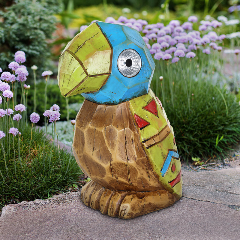 Solar Tiki Parrot Garden Statue with LED Eyes, 10 Inches