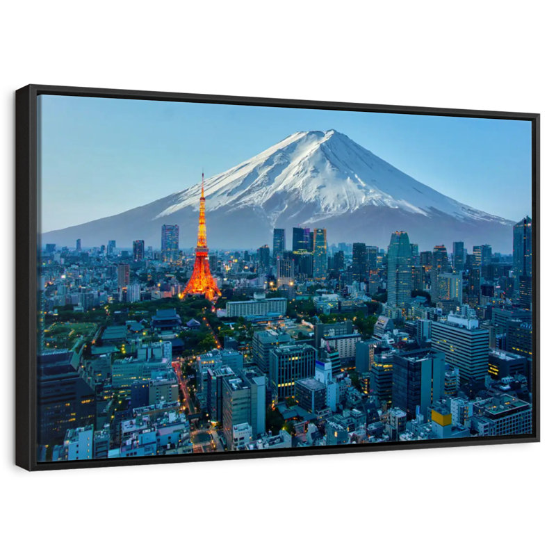 Mont Fuji, paysage urbain de Tokyo, 13 po x 9 po, Cadre flottant noir