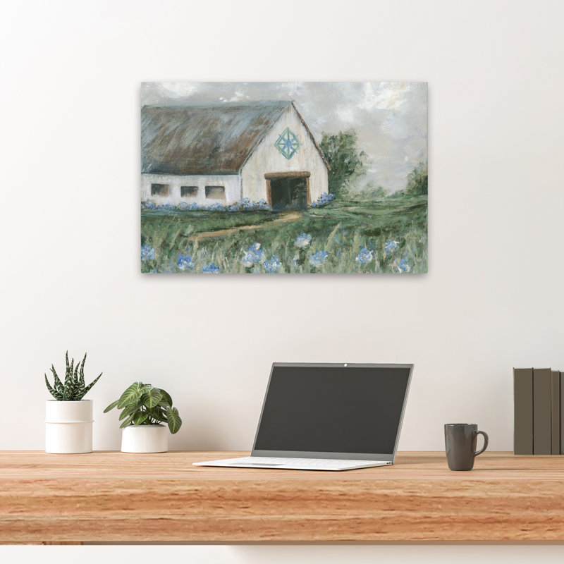 Blue Acres Barn - Modern Farmhouse Barn In Field Cloudy Sky Blue Flowers Art, H 16 po x l 24 po