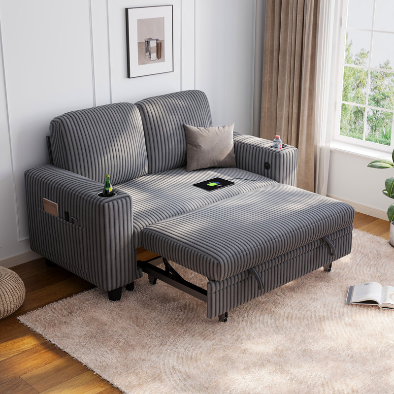 Sherry 56" Upholstered Pull-out Sofa Bed Loveseat with USB Charging & Cup Holders, Milo Gray Corduroy
