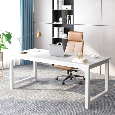 Bureau de direction 70,8 po, grand poste de travail moderne avec structure en métal épais, mobilier de bureau blanc pour le bureau personnel