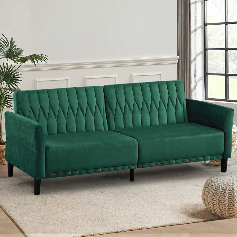 Wallasse 78'' Velvet Reclining Sleeper Sofa, Green