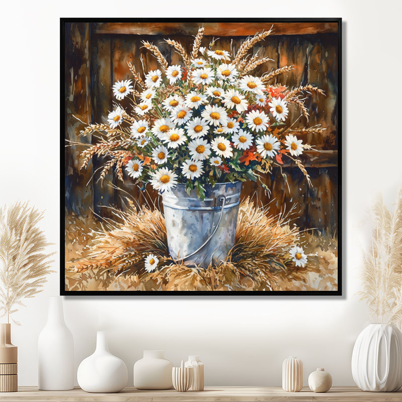 Donjae Summer Daisies Bouquet At The Farm II - marguerites, art mural, Impression encadrée flottante, Noir, noir, noir, noir
