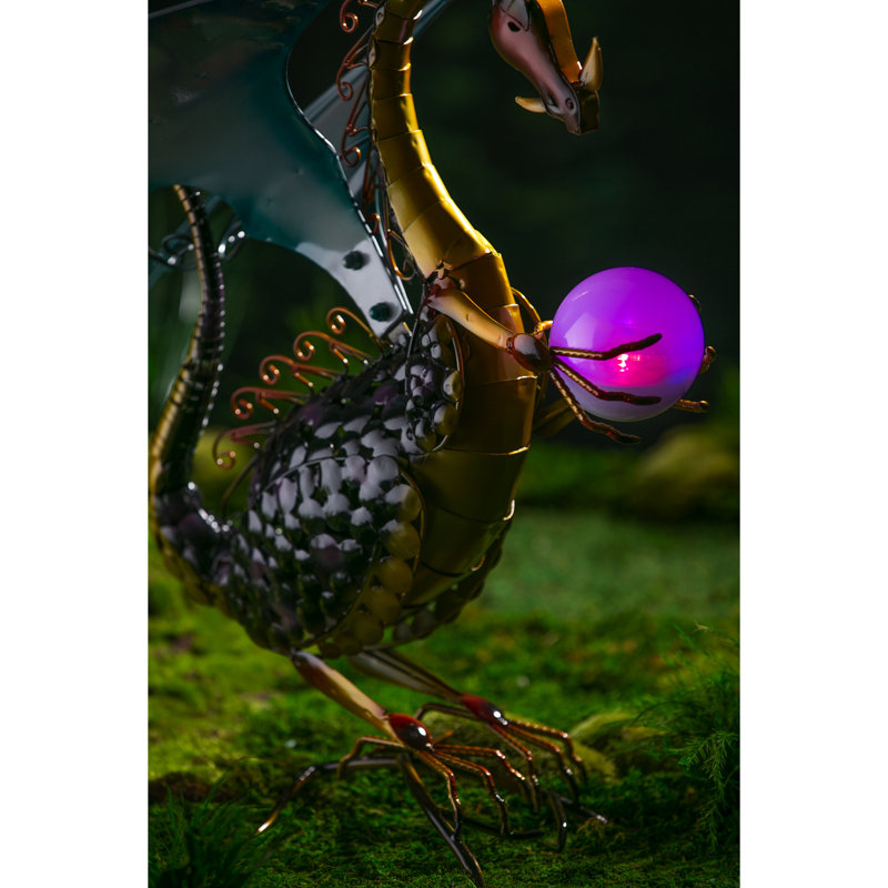 Majestic Black and Gold Metal Dragon Garden Statue with Solar Globe