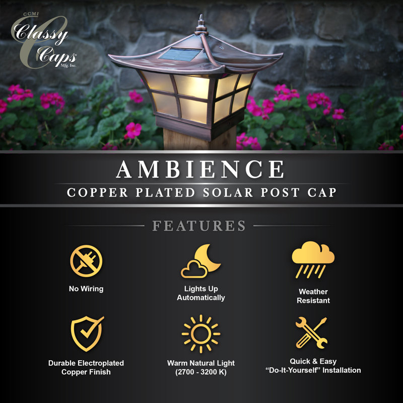 Classy Caps 4-in x 4-in 6-Lumen 1-Watt Electroplated Copper Solar LED Outdoor Post Cap Light (3000 K)